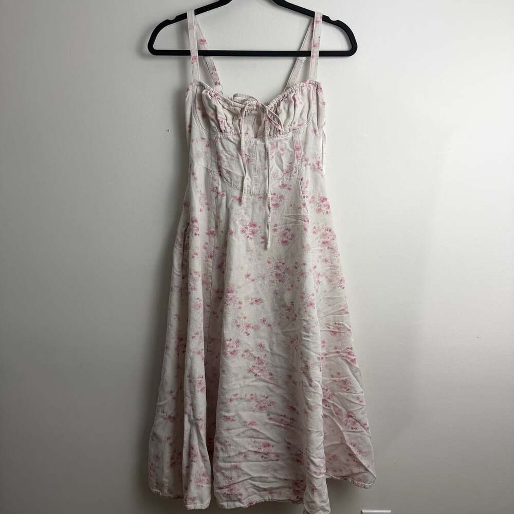 Sim & Sam Floral Midi Dress Size S Pink White Linen Rayon